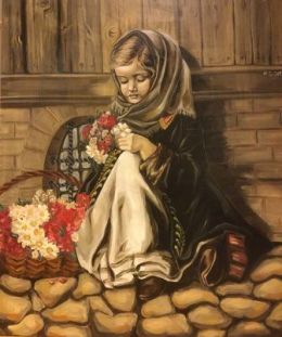 Girl with flower basket.120x100 oljemaleri ( 15000kr.)